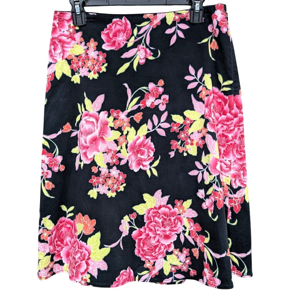Caslon Nordstrom Black Floral Pattern Midi Skirt Women's sz 10 A Line Y2K